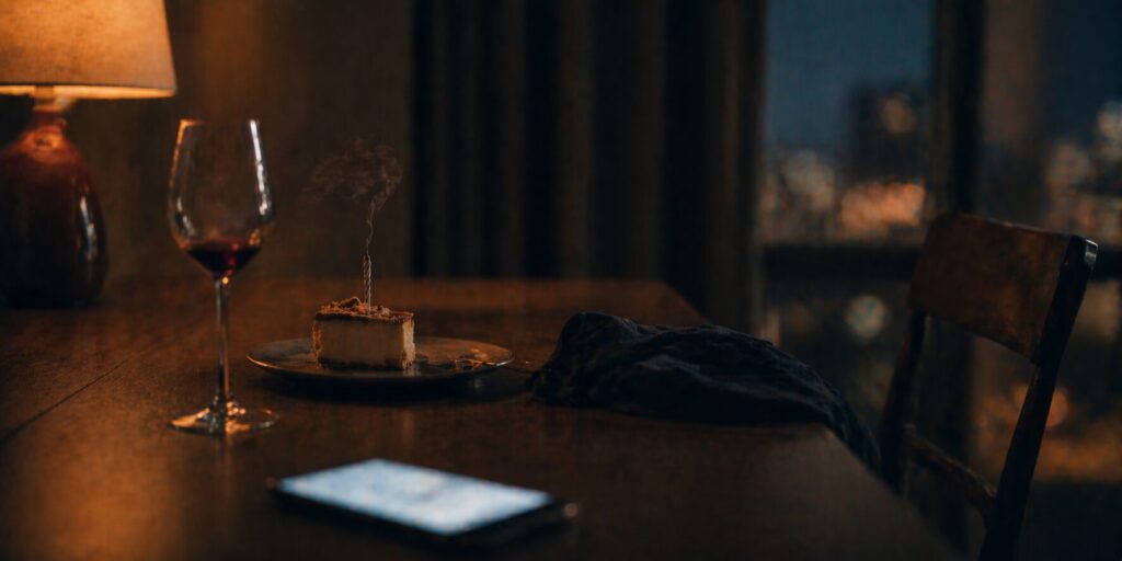 医局からの呼び出しに席を立った夜、誕生日ディナーの食卓に残されたチーズケーキと赤ワイン、画面が光るスマートフォン