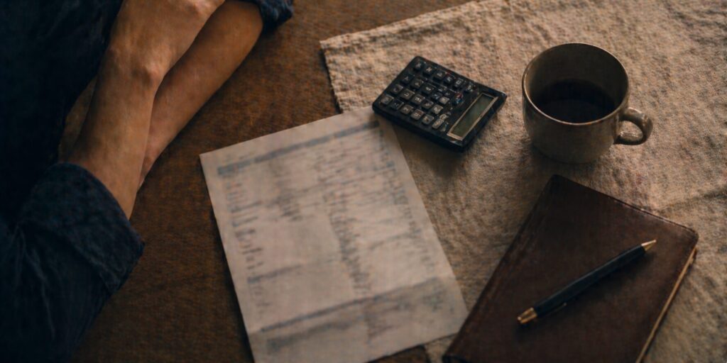 フリーランス医師として給与計算がしやすくなったことを表す、机の上の電卓と給与明細、革表紙の帳簿とペン、コーヒーカップ